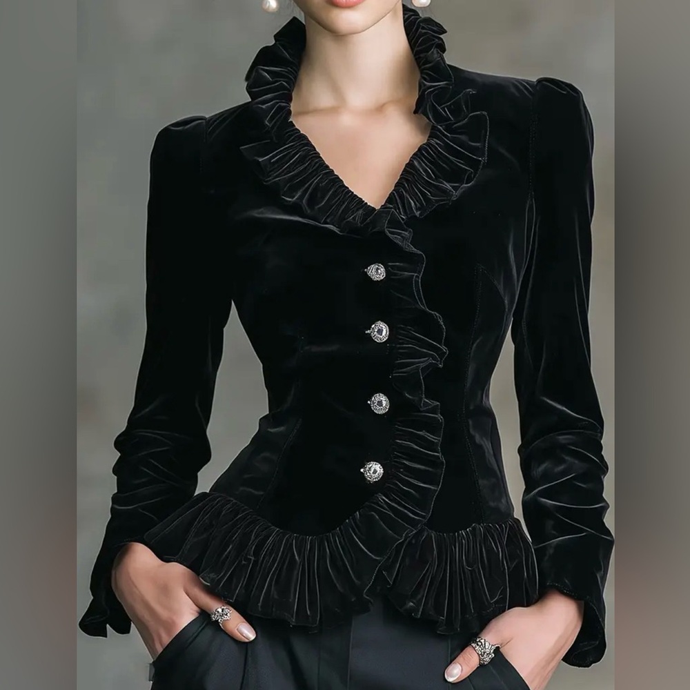 Elegant Black Velvet Ruffled Blazer
